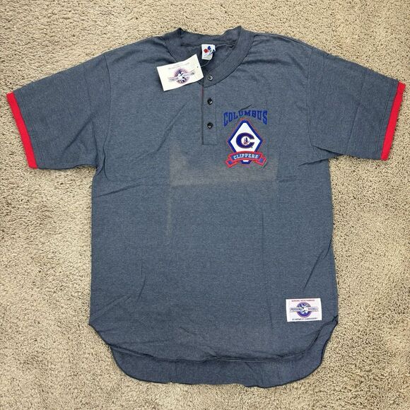 Vtg Columbus Clippers MiLB Jersey Mens L Gray Red Patch Logo Henley T Shirt NOS* - Picture 1 of 11
